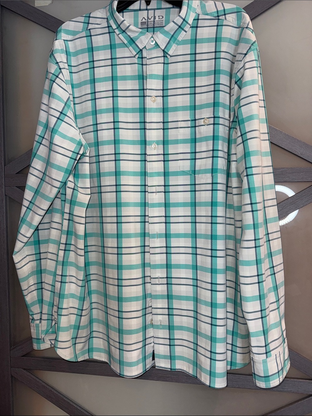 Avid Men’s White & Teal Plaid Moisture Wicking Button- Down Shirt